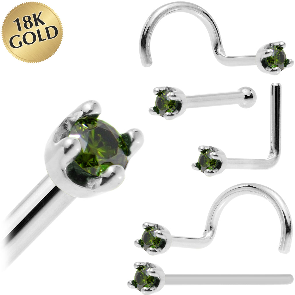 BodyCandy Solid 18K White Gold 1.5mm Genuine Green Diamond Nose Ring — main product shot