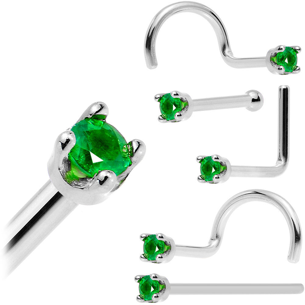 BodyCandy Solid 14K White Gold 1.5mm Genuine Emerald Nose Ring — detail close-up