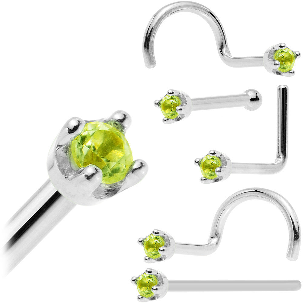 BodyCandy Solid 14K White Gold 1.5mm Genuine Peridot Nose Ring — detail close-up