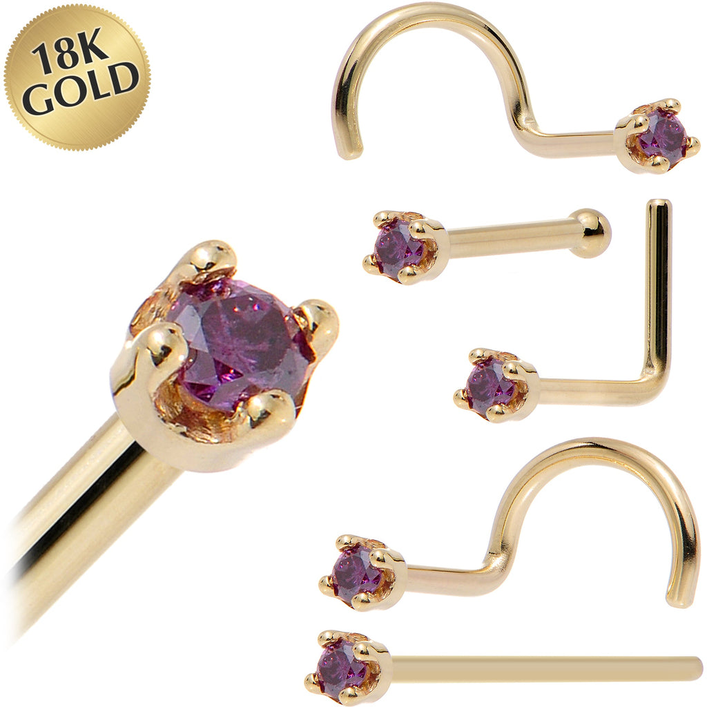 BodyCandy Solid 18K Yellow Gold 1.5mm Genuine Purple Diamond Nose Ring — main product shot