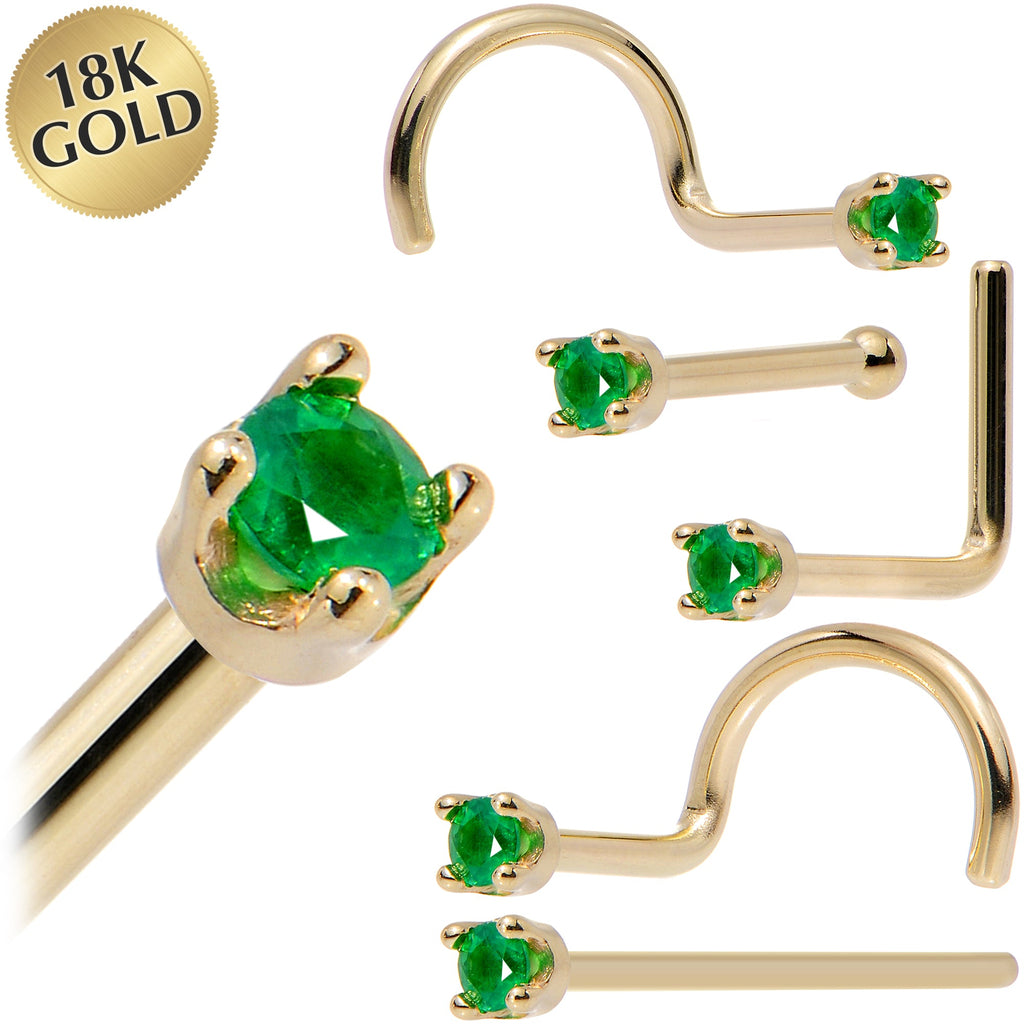 BodyCandy Solid 18K Yellow Gold 1.5mm Genuine Emerald Nose Ring — main product shot