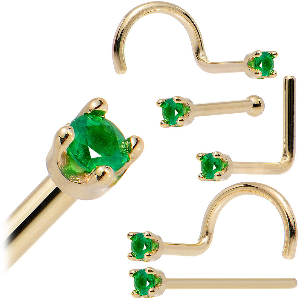 BodyCandy Solid 14K Yellow Gold 1.5mm Genuine Emerald Nose Ring — feature highlight