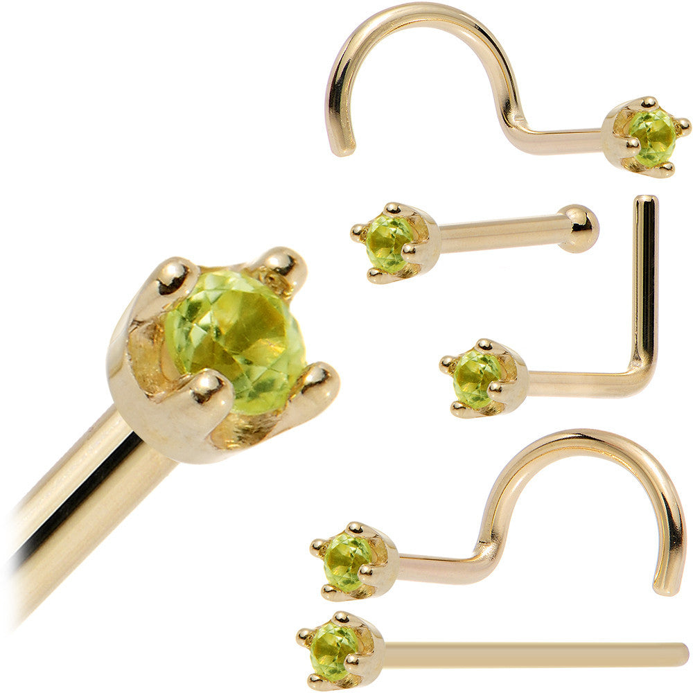 BodyCandy Solid 14K Yellow Gold 1.5mm Genuine Peridot Nose Ring — detail close-up