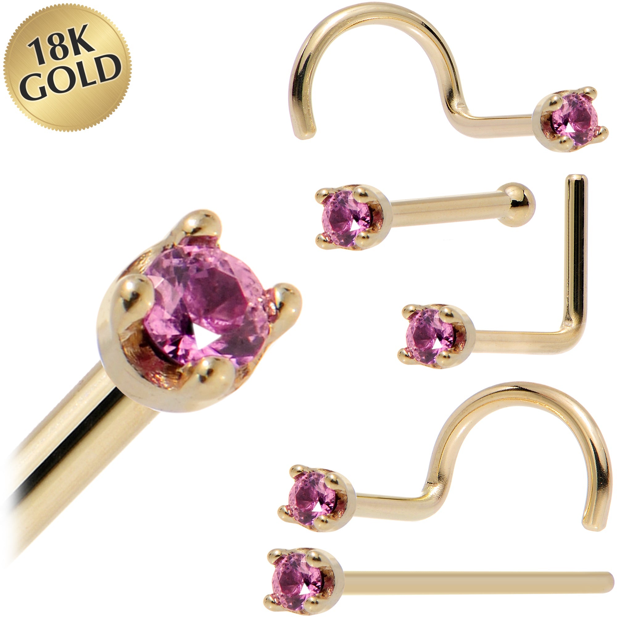 BodyCandy Solid 18K Yellow Gold 1.5mm Genuine Pink Sapphire Nose Ring — main product shot