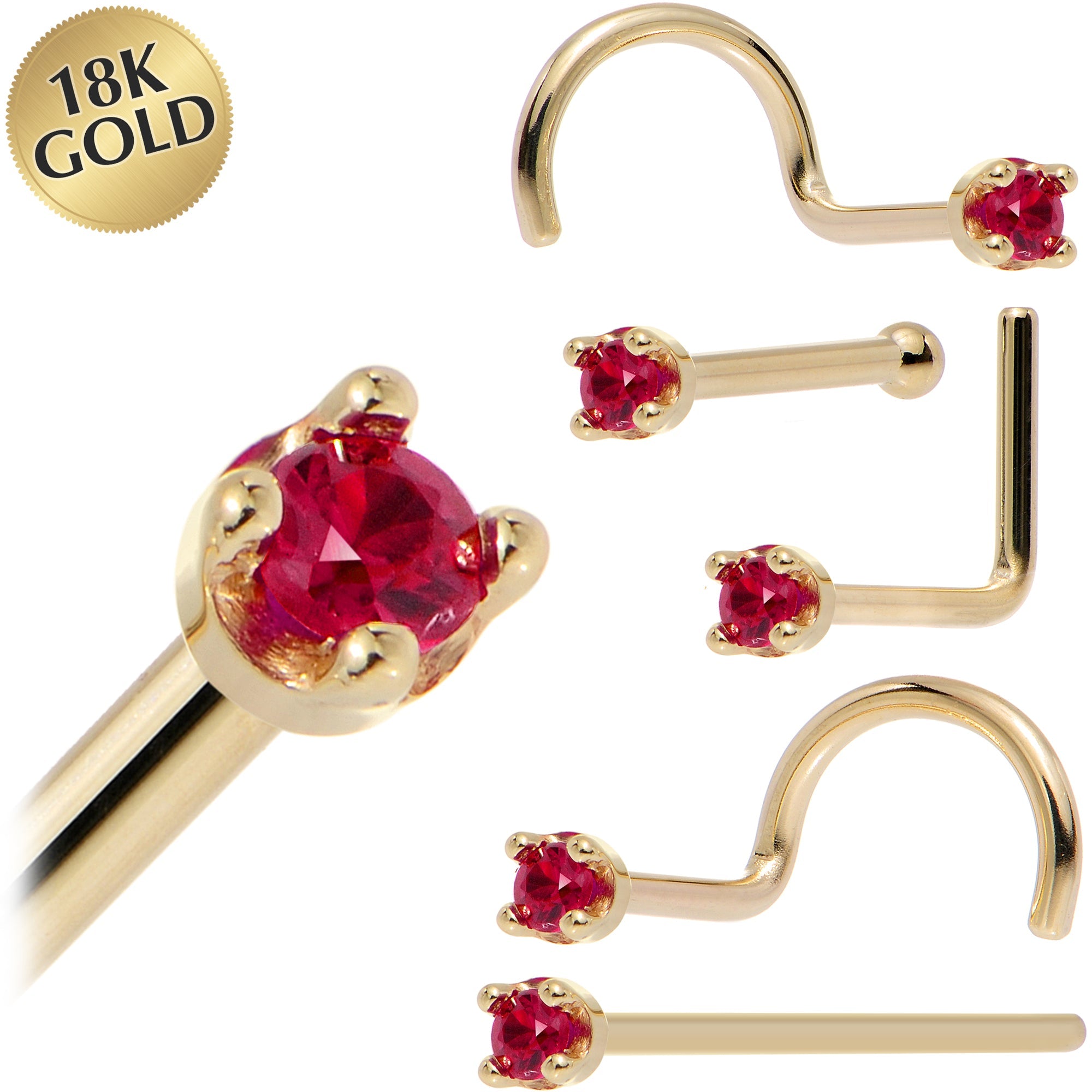 BodyCandy Solid 18K Yellow Gold 1.5mm Diamond Cut Genuine Ruby Nose Ring — main product shot