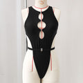 Sexy Deep V Plunge Hollow Out Cutout out High Slit Triangle One Piece Swimsuit Women Pure Black One Piece Swimsuit