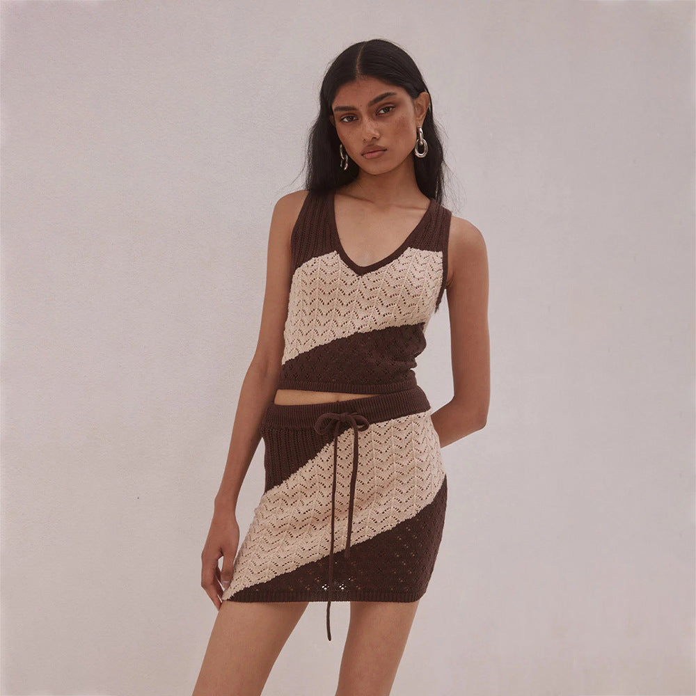 Bella Mia Women Sexy Hollow Out Cutout Striped Beach Dress Bikini Swimsuit Blouse Sun Proof Set — main product shot