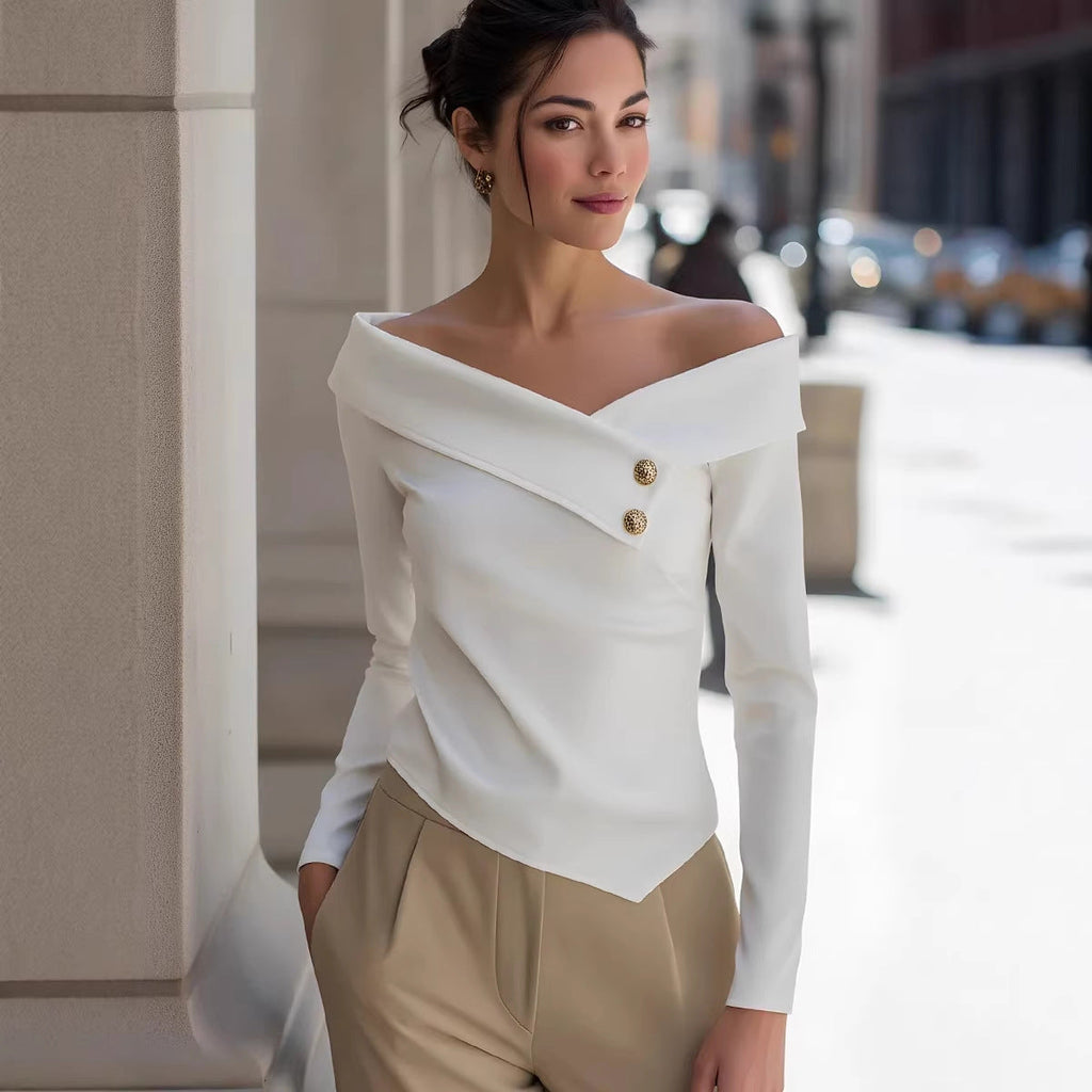 Bella Mia Women Clothing Spring Autumn Elegant Graceful off Shoulder Bottoming Long Sleeve Solid Color — detail and construction