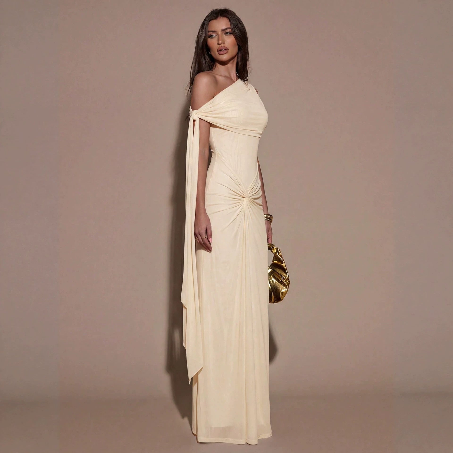 Women Clothing Oblique Shoulder Irregular Asymmetric Maxi Dress Pleated Slim Summer Dress for Women