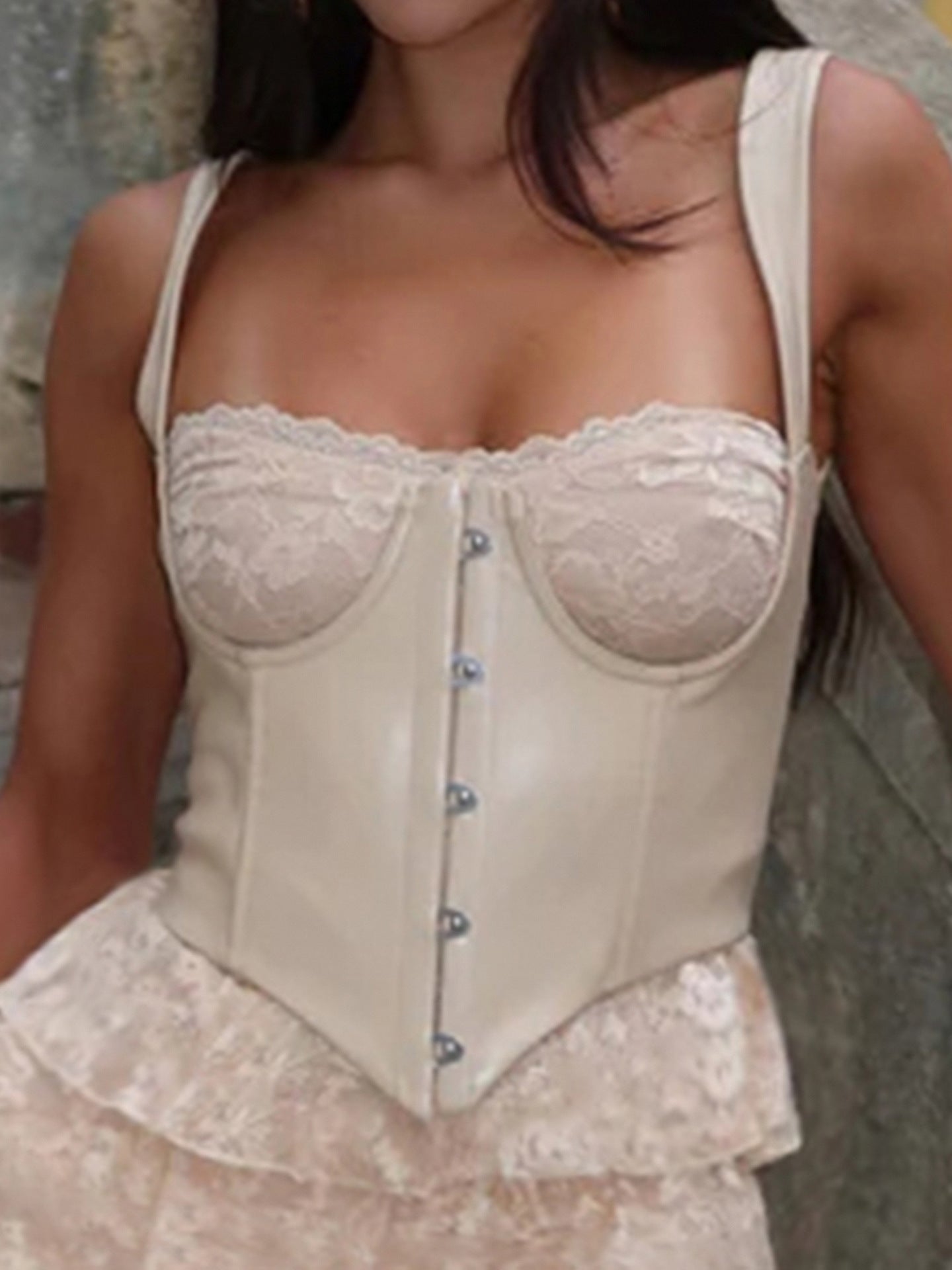Bella Mia Sexy Leather Bra Strap Lace Stitching Puffy Tiered Dress Summer Set — texture detail
