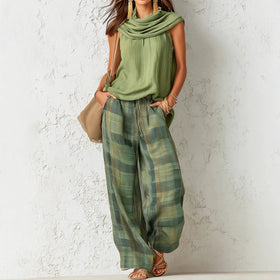 Women Retro Casual Sleeveless Top Plaid Pants Two Piece Sets