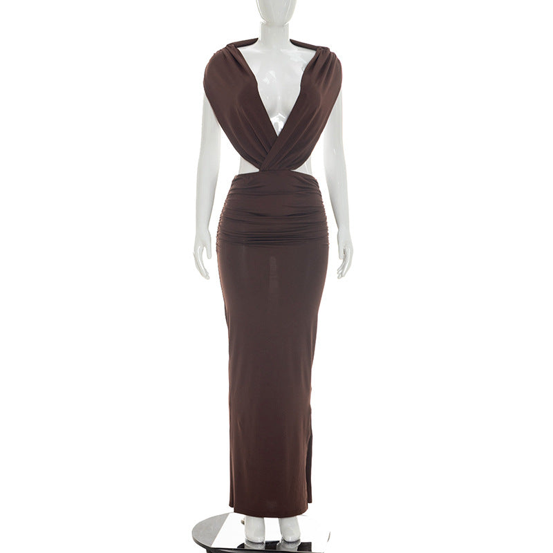 Women Clothing Summer Solid Color Casual Sleeveless Halter Backless Slim Fit Sheath Maxi Dress