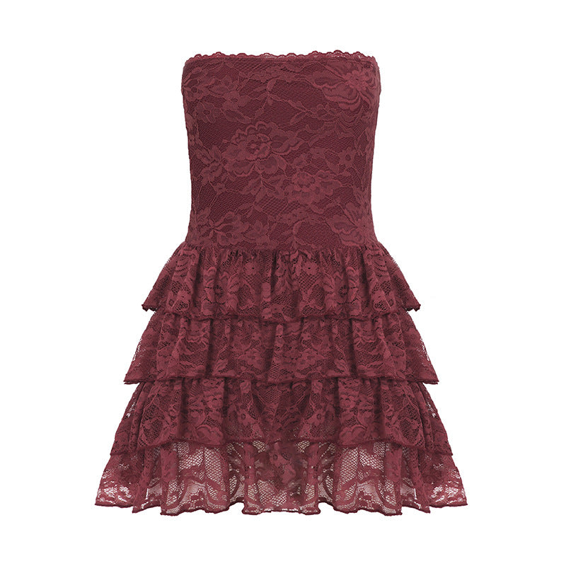 Bella Mia Sexy Leather Bra Strap Lace Stitching Puffy Tiered Dress Summer Set — color variant