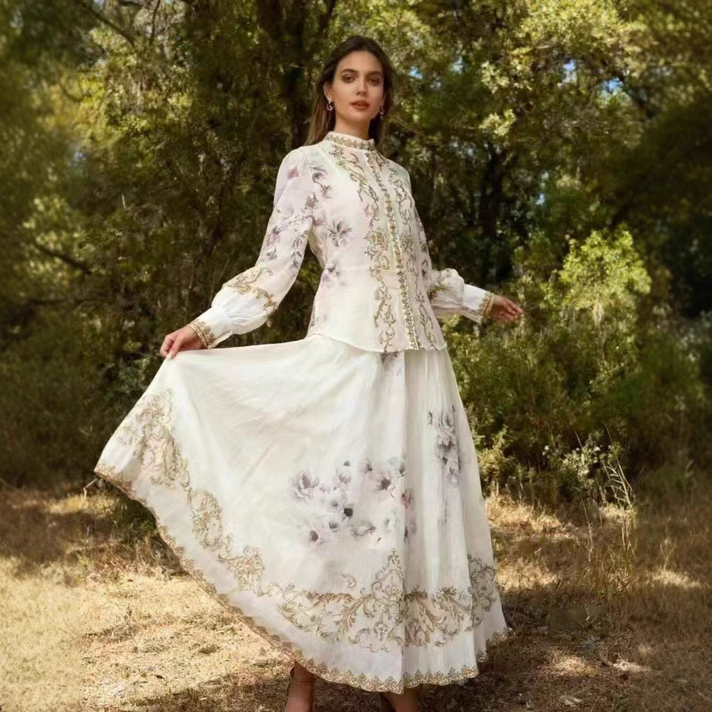 Bella Mia Long Sleeve Painted Skirt Set Spring Court Waist Slimming Printed Two Piece Sets Women — main product shot