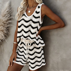 Cardigan Vest Striped Short Hollow Out Cutout out Drawstring Shorts Sunscreen Beach Two Piece Set