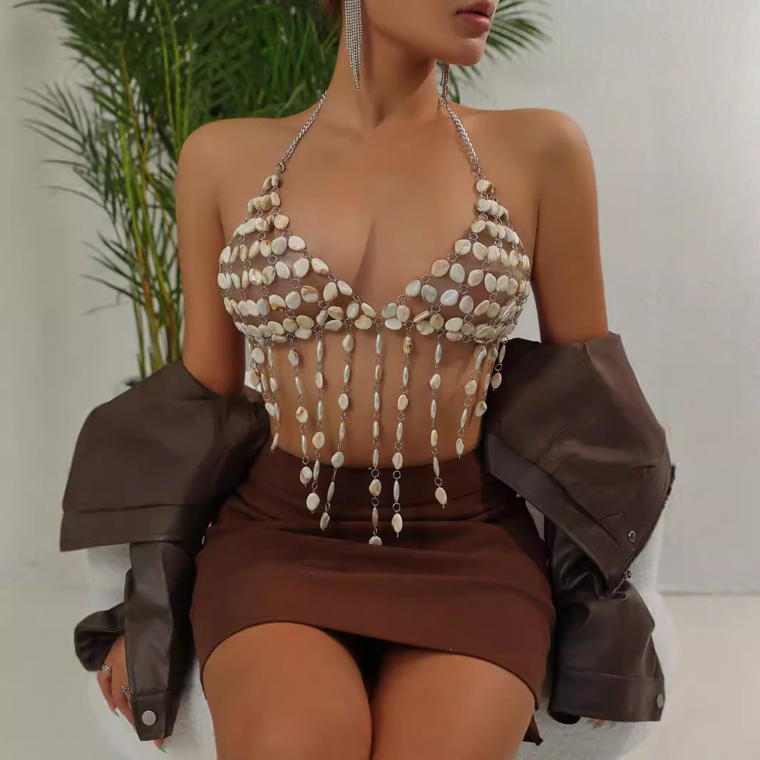 Pearl Handmade Vest Summer Beach Vacation Sexy Tassel Backless Chest Jewelry