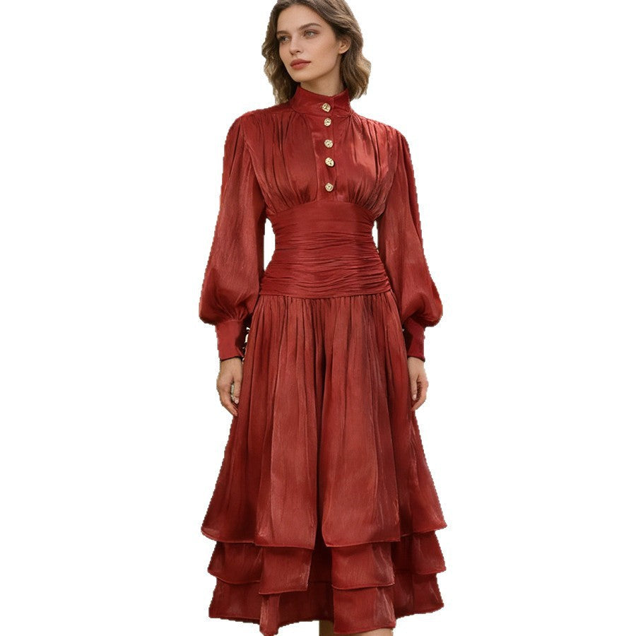 Bella Mia Spring Elegant Retro Lantern Sleeve Breasted Ruffled Maxi Dress Waist Slimming Dress — packaging or label