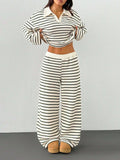 Striped Knitted Contrast Color Lapels V neck Long Sleeved Top Casual Two Piece Sets