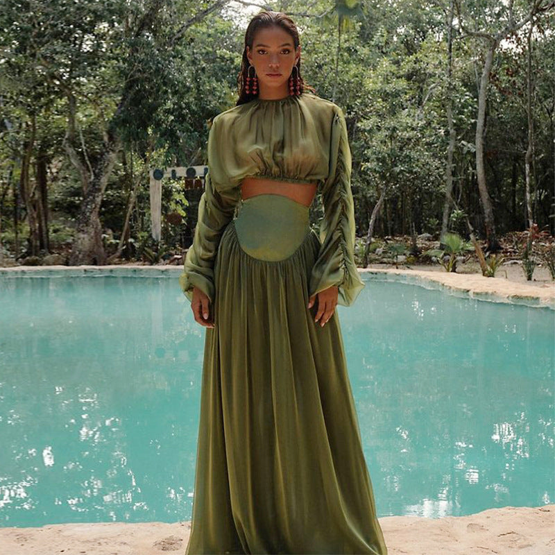 Bella Mia Women Clothing Spring Elegant Pleated Short Top High Waist Drooping Skirt Two Piece Sets Women — main product shot