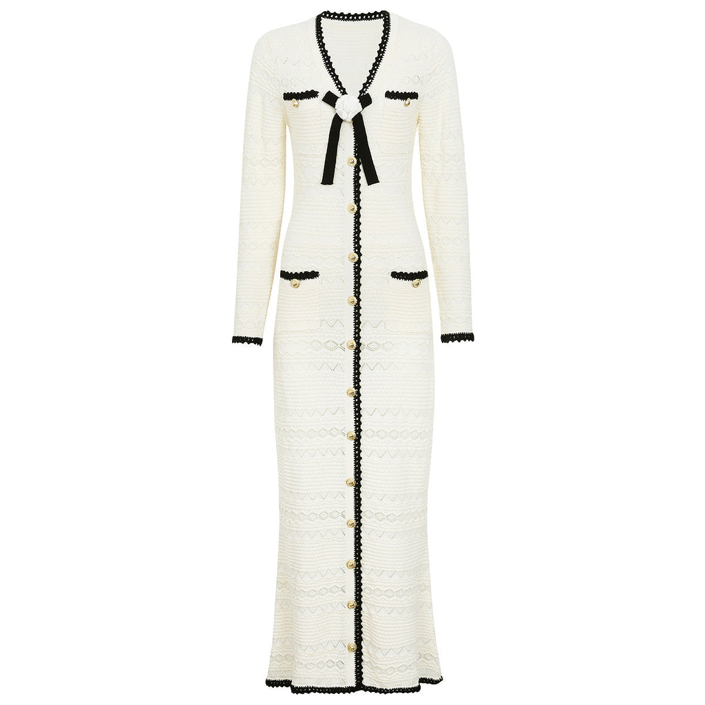 Spring Autumn Fashionable Knitted V neck Floral Slim Fit Slimming Long Sleeves Dress Women