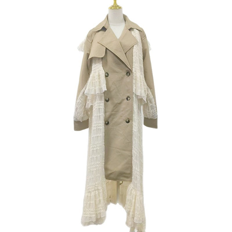 Bella Mia Fall Elegant Elegant Design Lace Stitching High Grade Waist Slimming Women Trench Coat — branding close-up