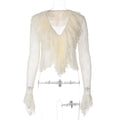 Women Clothing Summer Pure Sexy V neck Lace See through Flare Sleeve T shirt Top