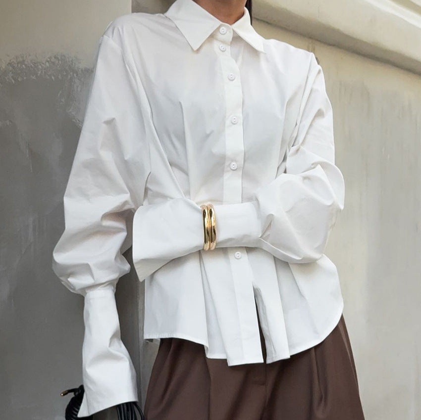 Bella Mia Court White Cotton Shirt Women Light Luxury Pleat Waisted Slim-Fit Long-Sleeved Collared Shirt — detail and construction