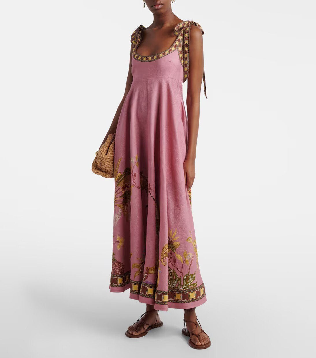 Positioning Floral Print Linen Sling Pocket Maxi Dress Bohemian Holiday Swing Dress