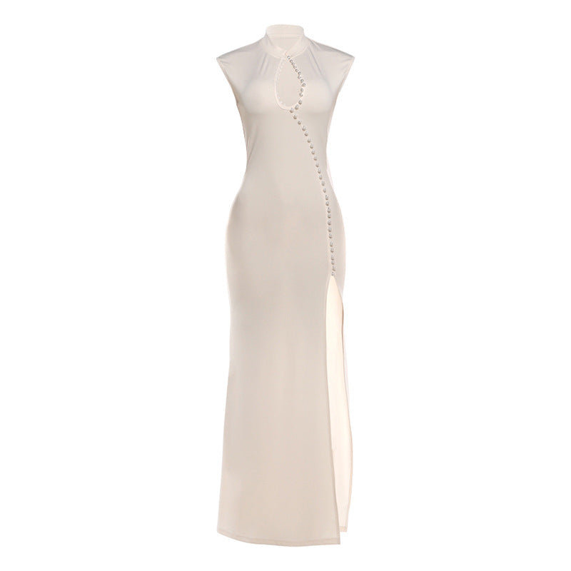 Summer Women Stand Collar Sexy Cutout High Slit Mop Dress