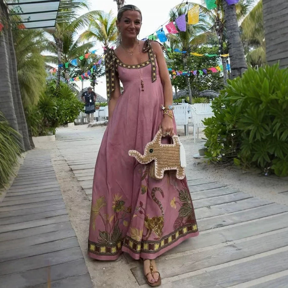 Positioning Floral Print Linen Sling Pocket Maxi Dress Bohemian Holiday Swing Dress