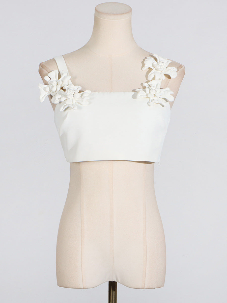 Bella Mia Sexy Sexy Two Piece Set Patchwork Three Dimensional Floral Shoulder Strap Vest High Waist Skirt Set Women — detail and construction