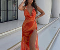 Summer Women Clothing Sexy Halter Backless Lace Printing See through Slim Fit Slit Dress