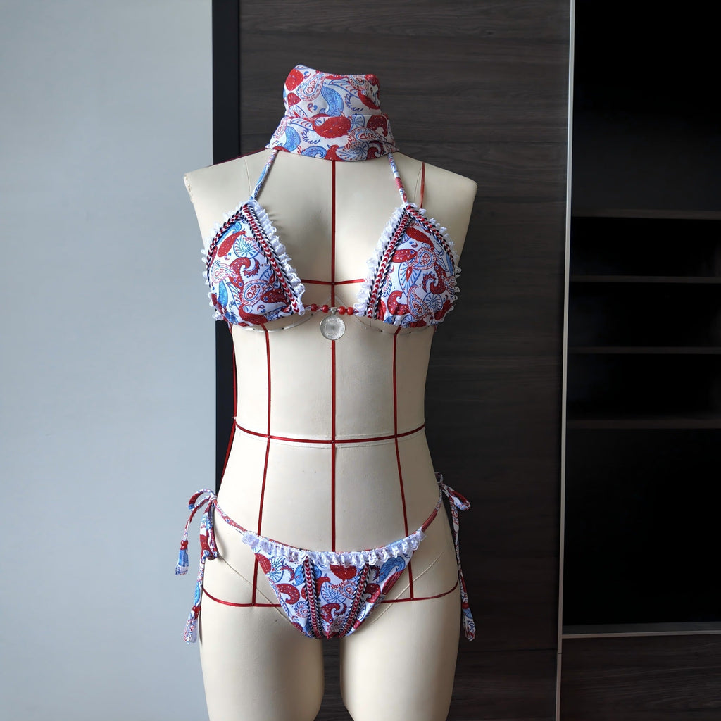 Printed Lace up Split Swimsuit Women Lace Sexy Bikini