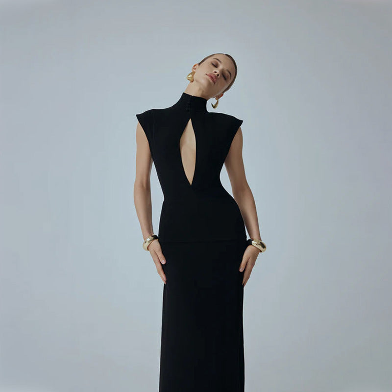 Bella Mia Women Clothing Black Fashionable Slim Fit Figure Flattering Stand Collar Chest Hollow Out Cutout out Mesh Stitching Mop Dress — main product shot
