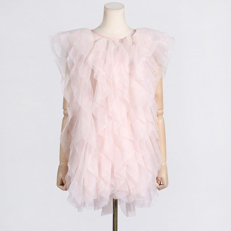 Bella Mia Irregular Asymmetric Ruffled Stitching See through Organza Sleeveless Sexy Dress Women — alternate view