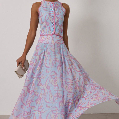 Summer Printed Skirt Set Women Arrival round Neck Sleeveless Cardigan Top Skirt Two Piece Set Commuting