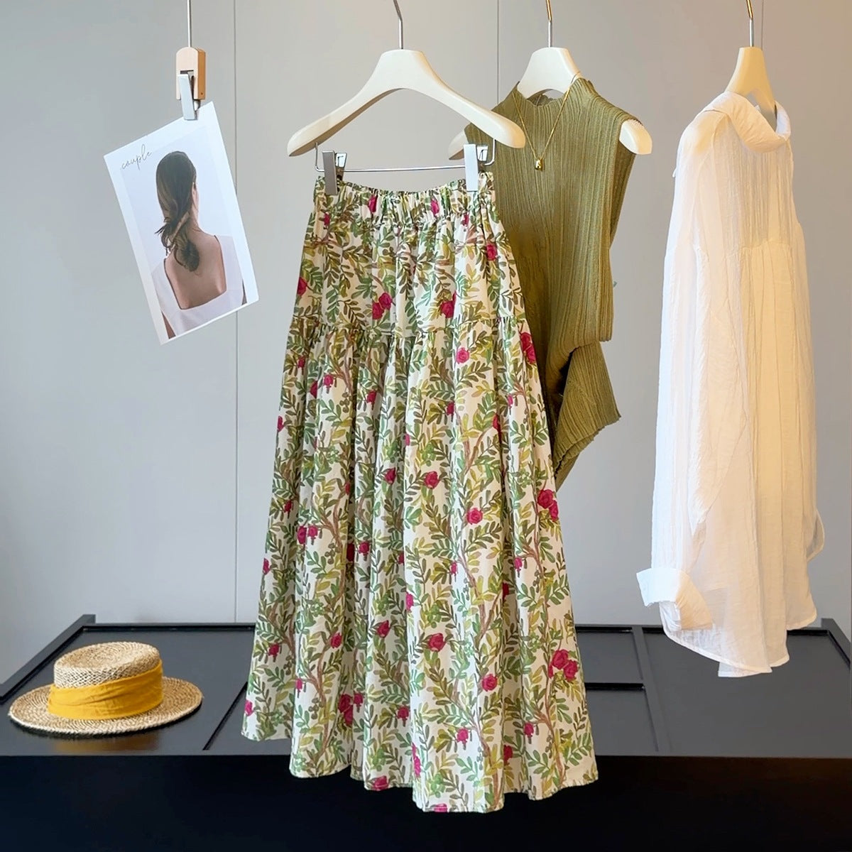 Plant Print Skirt Women Summer High Waist Slimming A line Unique Chic Maxi Skirt