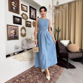 Summer Women Clothing Elegant Slimming Sleeveless Backless Denim Dress
