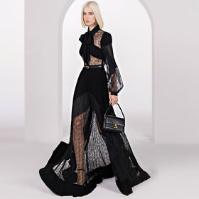 Spring Summer Star Lace Stitching Pleated Maxi Dress Floor Length Dress