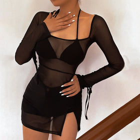 Summer Women Clothing Refreshing Slim Fit Square Collar Sexy Mesh See through Beach Cover Up Slim Fit Sexy
