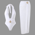 Solid Color One Piece Split Maxi Dress Mesh Halter Sexy Summer Bikini