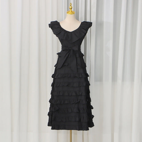 Summer Elegant Retro Flying Sleeves V neck Waist Controlled Slimming Solid Color Tiered Dress Women