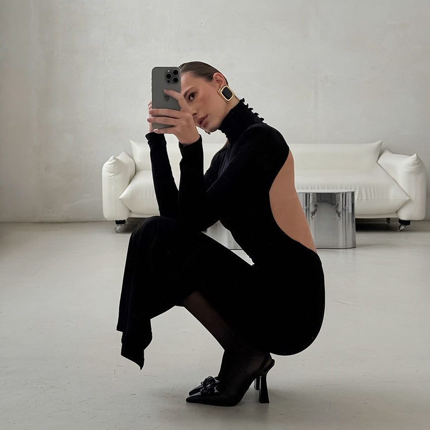 Bella Mia Spring Elegant Black Sexy Backless Knitted Slim Fit Long Sleeved Turtleneck Dress for Women — packaging or label