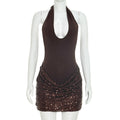 Women Clothing Autumn Solid Color Sleeveless Cross Halterneck Lace Up Hem Sequin Short Dress