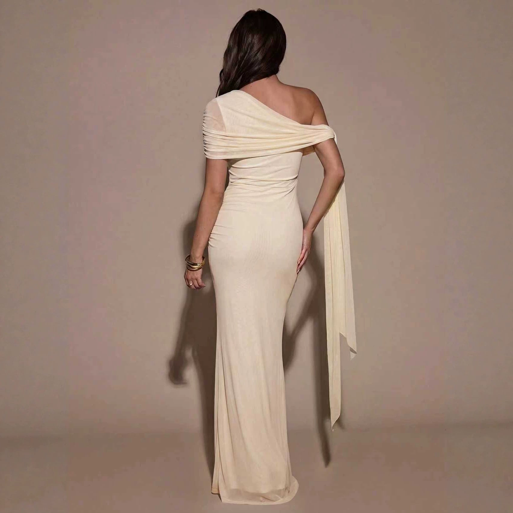 Women Clothing Oblique Shoulder Irregular Asymmetric Maxi Dress Pleated Slim Summer Dress for Women