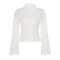 Lace Stitching See through Buckle Flare Sleeve T shirt Ruffles Slim Stand Collar Top Women
