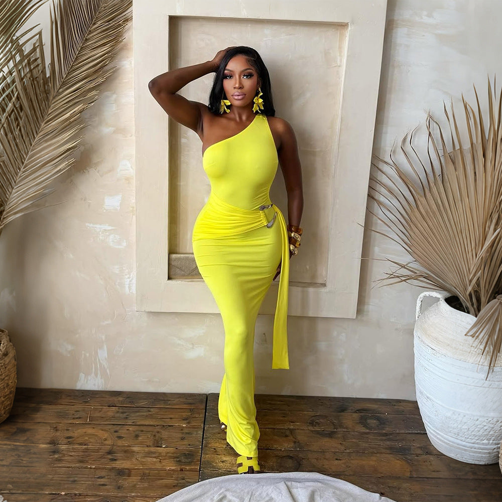 One Shoulder Solid Color Sheath Dress Solid Color Slim Fit Party Dress Tight