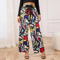 Pants Digital Printing Colorful Graffiti Printing Contrast Color Belt Elastic Waist Wide Leg Pants