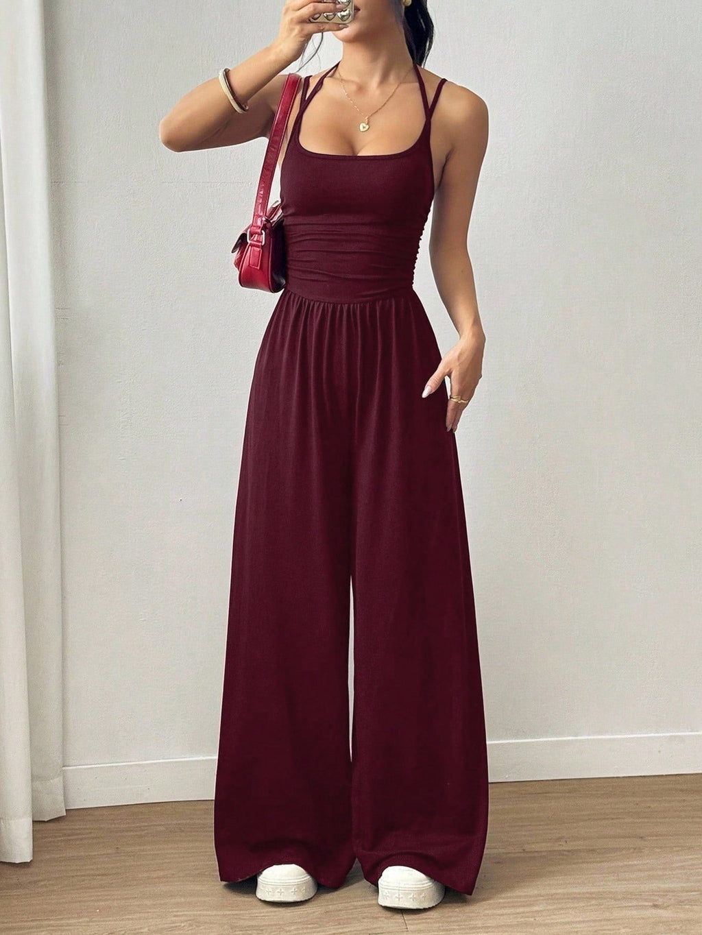 Bella Mia Suspender Women Casual Summer Wide Leg Loose Wrapped Chest Nipped Waist Jumpsuit — branding close-up