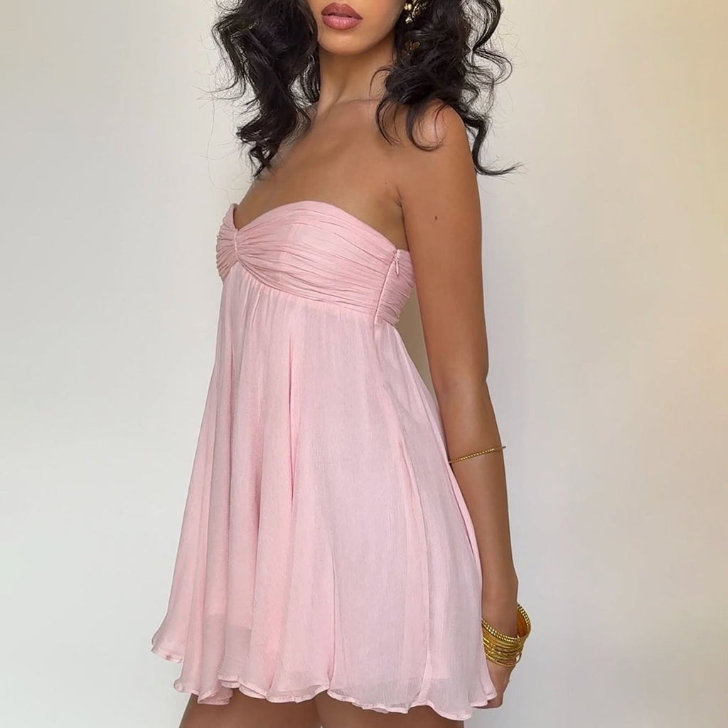 Women Clothing Spring Summer Graceful Fashionable Off Shoulder Pure Desire Tube Top Backless Short Loose Dress